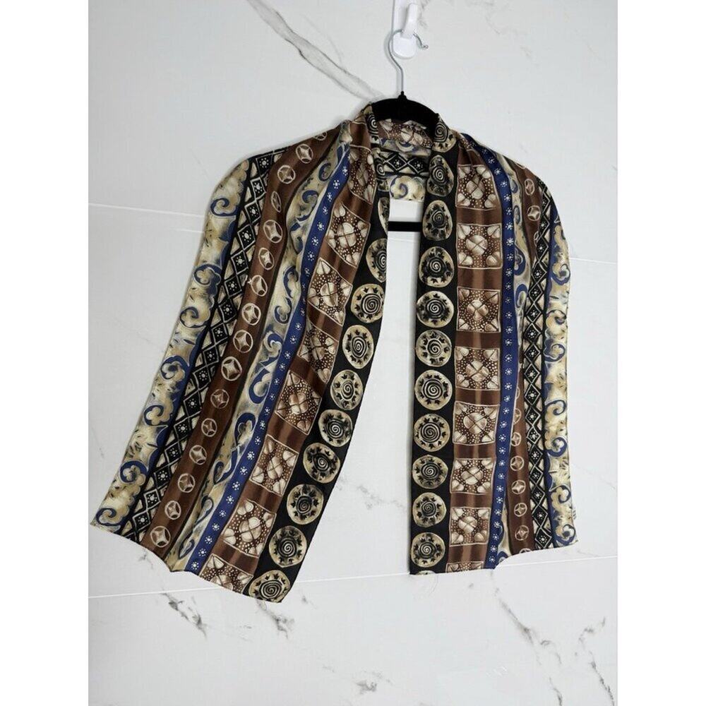 Stunning Adrienne Landau Studio Art Deco Geometric Silk Scarf Shawl Wrap brown